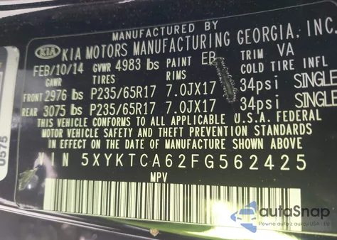 2015 Kia Sorento Lx from USA, damaged, VIN 5XYKTCA62FG562425